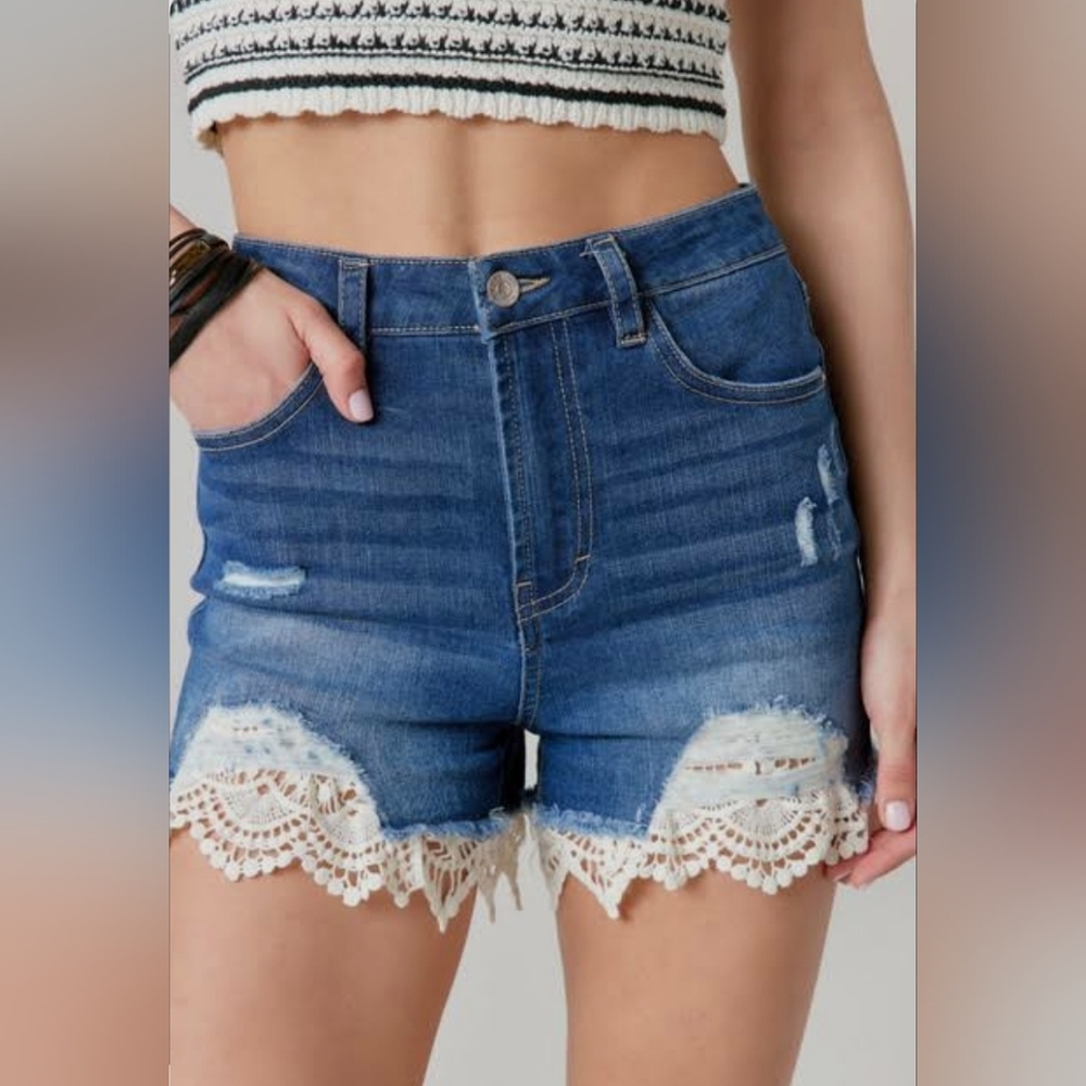 27 Francesca's Harper Heritage Crochet Distressed Stretch Denim Shorts